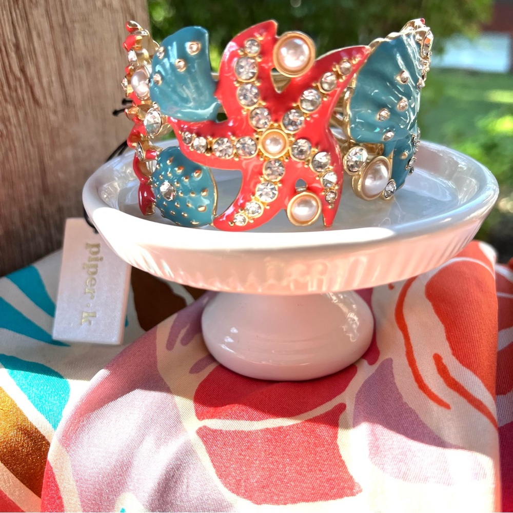 Piper K Turquoise & Coral Glass Beads & Faux Pearl Hinged Cuff Bracelet NWT